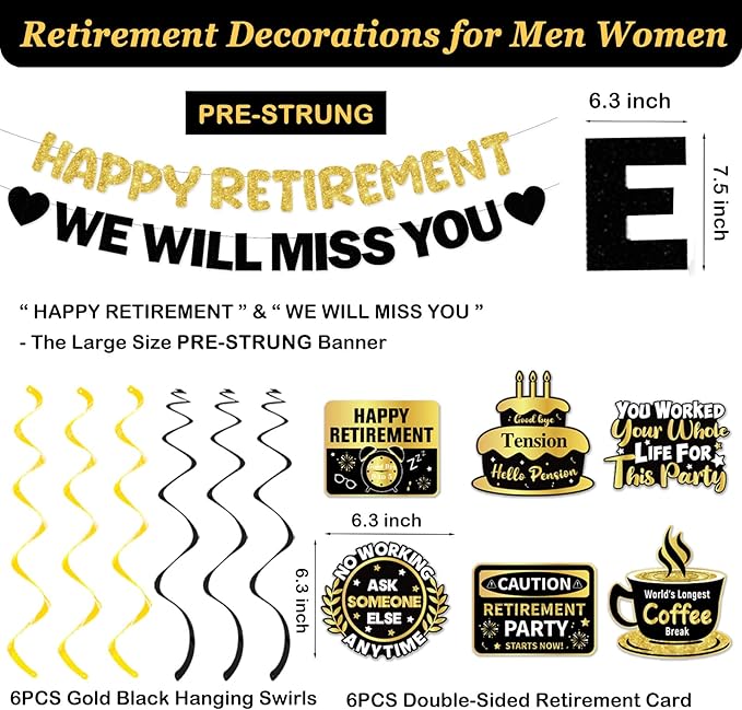 Retirement Party Decorations Men Women, Black Gold Happy Retirement Decorations, Pre-Strung Happy Retlrement & We Will Miss You Banner, Balloons, Hanging Swirl, Cake Topper, Retired Sash Honeycomb Set