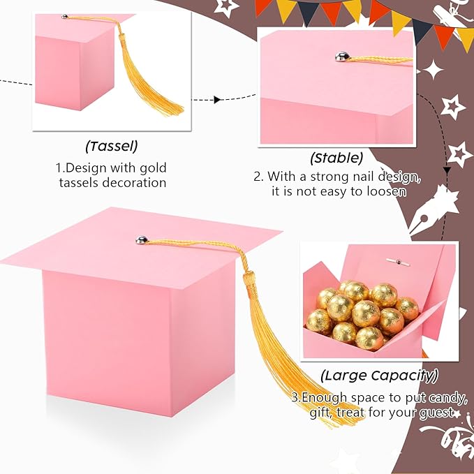 TaoBary 12 Pieces Graduation Candy Box Graduation Decorations Party Gift Boxes Graduate Cap Box Candy Chocolate Cookie Supplies for Ceremony Party(Pink)