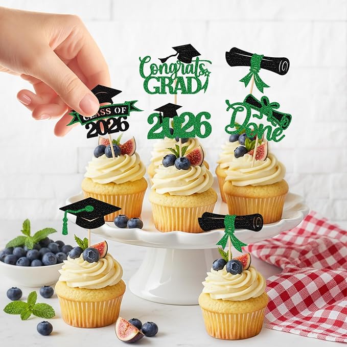 2026 Graduation Cupcake Toppers, 36 pack Green Glitter Class of 2026 Congrats Grad Diploma Grad Cap Cupcake Picks for 2026 Graduation Party decorating Supplies