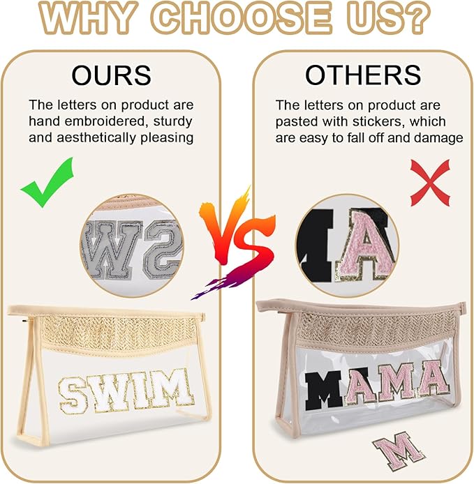 Iqimott Clear Patch Makeup Letter Bag, Boho Letter Bag for Beach Swim, Waterproof Zipper Make up Bags Toiletry Pouch for Women Girls, Clear Patch Cosmetic Bags Organizer Pouch for Travel(Swim, Beige)