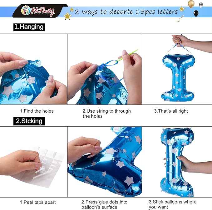 HiParty 24pcs Blue Point Happy Birthday Banner & Balloons, 3D Mylar Foil Star & Letter Balloons for Men Women Adults Kids, Ecofriendly Party Supplies