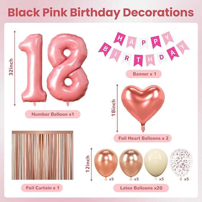 18th Birthday Decorations for Girls, Rose Gold and Black Party Supplies Set with Happy 18th Banner, Number 18 Balloon and Foil Fringe Curtains, 18 Year Old Kit