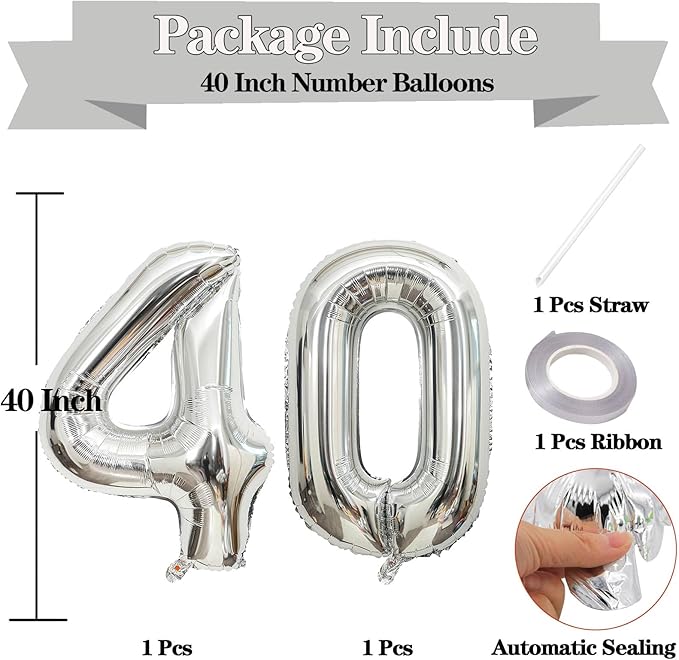 Giant Silver Number 40 Balloons, 40 Inch Jumbo Number 40, Large Foil Mylar Balloons for Girls Women 40th Birthday Party Decorations, 40 Anniversary Events Decorations