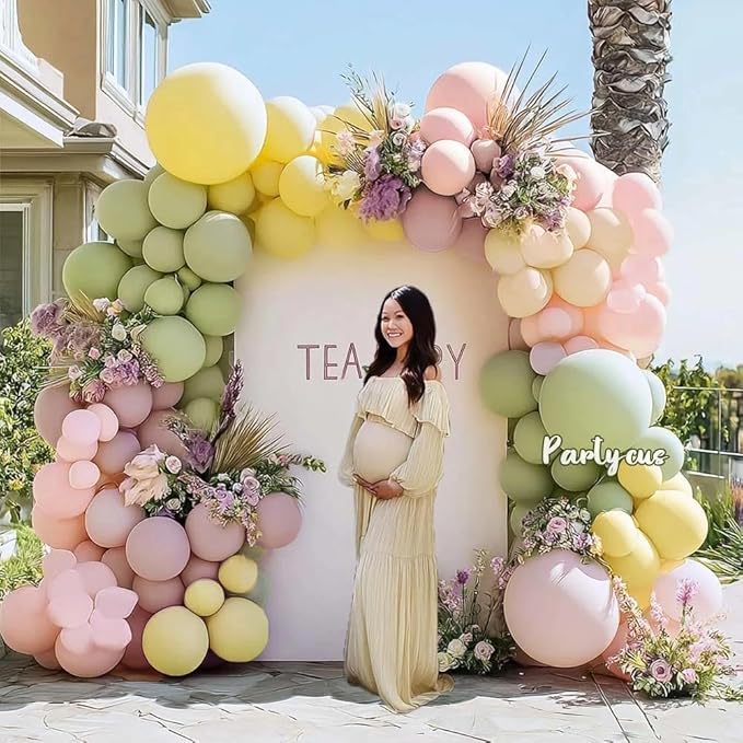 Pink Green Yellow Balloon Arch Double Stuffed, Dusty Green Light Yellow Mauve Ivory Pastel Balloon Garland Kit for Baby Shower Birthday Bridal Wedding Flower Valentine Party Decoration