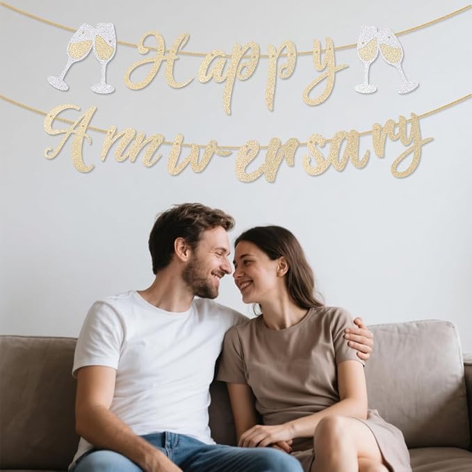 Happy Anniversary Banner, Pre-Strung Glitter Anniversary with Champagne Gold Wine Glass Design for Wedding Party & Celebration Decorations (Champagne Gold)