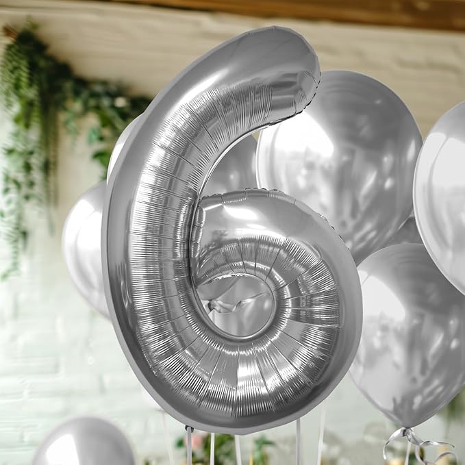 40 Inch Large Silver Number Celebration and Decoration Balloon for Birthday Parties, Graduations, Anniversaries, Weddings, Photo Shoots, Special Events - Helium Foil (Silver Number 6)