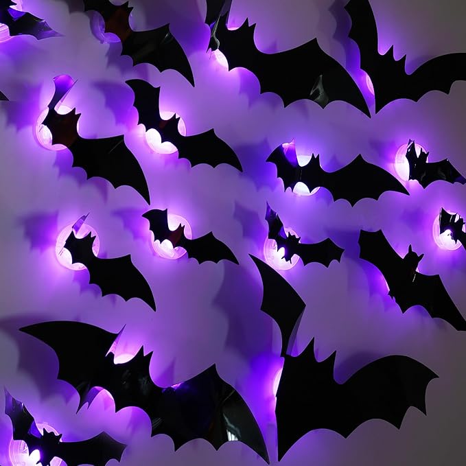 TW SHINE 36 Pcs Halloween Bats Wall Decor, Removable Lighted 3D Bats Wall Stickers Assorted Size, PVC Halloween Decorations for Indoor Outdoor Home Window Party Supplies