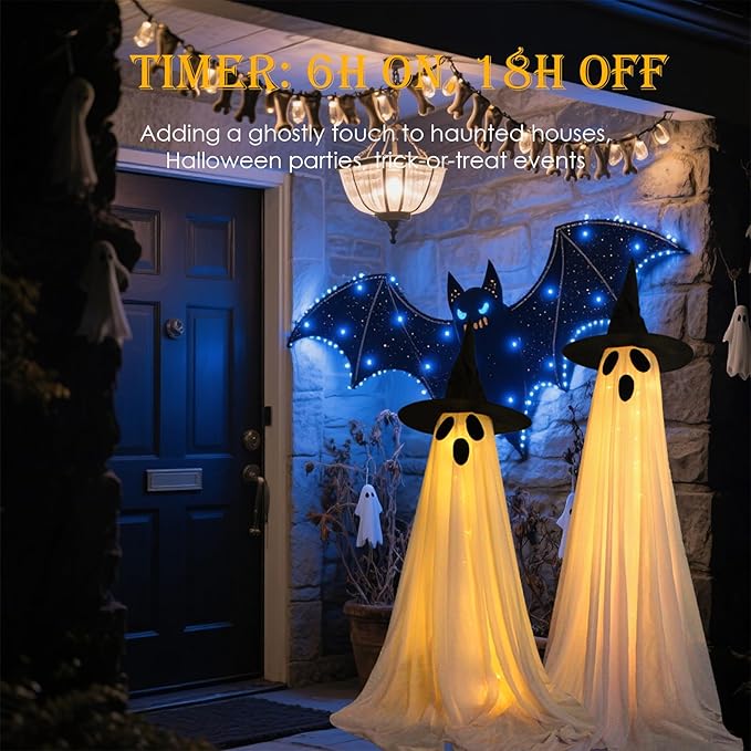 2 Packs Halloween Decorations Outdoor, Light Up Ghost Decorations with 8 Modes & Timer, Battery Operated Halloween Lights Spooky Ghost Decor for Front Porch Yard Lawn Haunted House Party Decor
