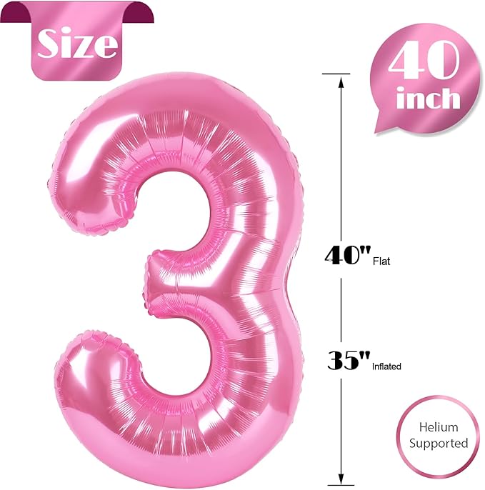 Pink Number 3 Balloon 40 Inch, 3 Balloon Number, 3rd Birthday Decorations, Pink Party Supplies for Boys Girls