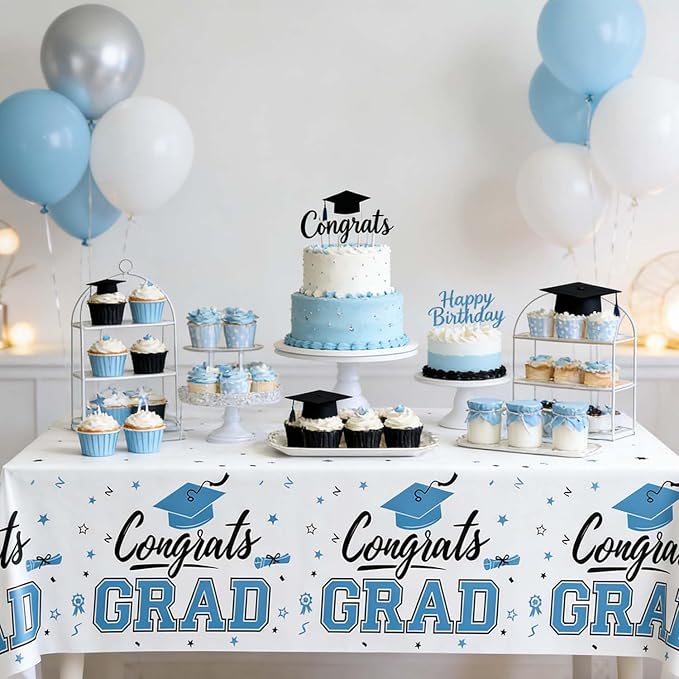 Oigco 2026 Graduation Decorations, 2 Pack Sky Blue Graduation Tablecloths Class of 2026, Congrats Grad Plastic Tablecloths for Graduation Party Decorations, 54 x 108 Inch