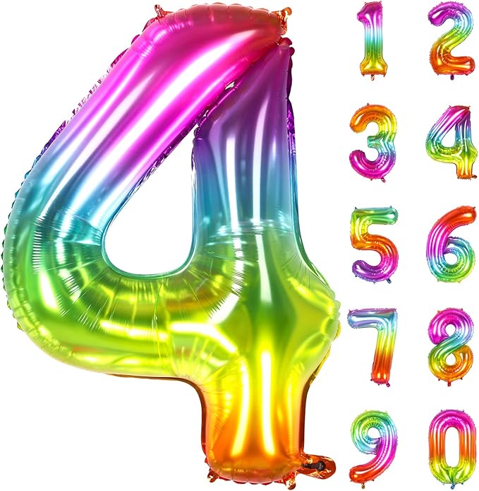 Number Balloon | Number 4 Balloons for 4th Rainbow Birthday Decorations | Giant Multicolor Mylar 4 Balloon Number - 40 Inch | Big Colorful 4 Birthday Balloons for Anniversary Party Supplies Favors