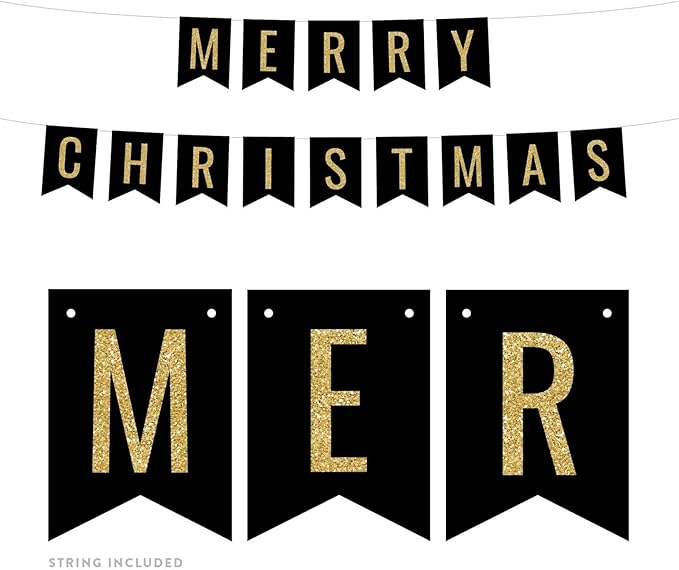 Andaz Press Faux Gold Glitter on Black Party Banner Decorations, Merry Christmas, Approx 5-Feet, 1-Set, Going Away Study Abroad Graduation Retirement Colored Hanging Pennant Decor