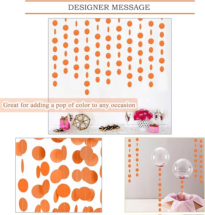 MerryNine Paper Garland 5 Pack, 65 Ft Paper Garland Circle Dots Hanging Decor, Banner for Baby Shower, Birthday, Nursery Party Decor (Orange)