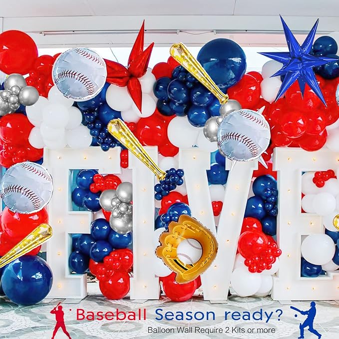 Baseball Balloon garland arch kit 150pcs Red Blue White Silver and Star Baseball bat glove foil balloons fot Sport theme Party Rookie Year 1st Birthday decorations