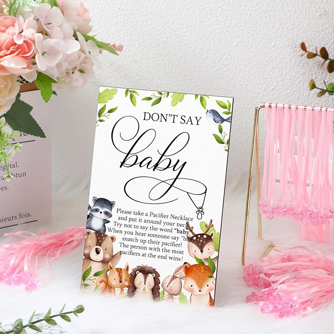 Geetery 51 Pcs Don't Say Baby Game Sign Cool Baby Shower Game 50 Pacifier Necklace Wooden Don't Say Sign Plastic Pacifier Party Favor for Gender Reveal(Woodland,Pink)