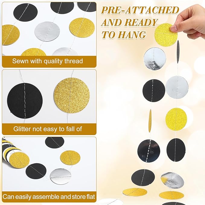 Syhood 10 Pcs Party Decorations Paper Dot Circle Garlands Glitter Streamers Hanging Banner Decor for New Year Baby Shower Wedding Birthday Backdrop Supplies (Black Gold and Silver)