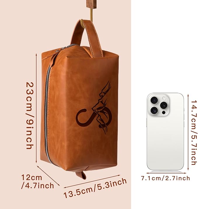 Personalized Gifts Travel Toiletry Bag for Men Engraved Initial PU Leather Waterproof Shaving Bag for Toiletries Accessories Fathers Day Birthday Gift for Men Dad Husband Son, Light Brown C