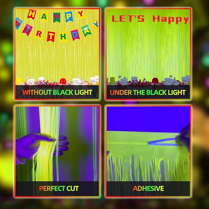 2 Pack Foil Fringe Backdrop - Fluorescent Yellow Shiny Tinsel Curtains for Party Decoration/Photo Booth Props - 3.3x6.6 FT Metallic Foil Backdrop for Birthday, Wedding, Graduation, Christmas