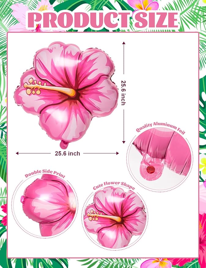 10Pcs Tropical Hibiscus Foil Balloons, Pink Hibiscus Flowers Balloon for Magic Theme Summer Hawaiian Luau Aloha Birthday Party Decorations