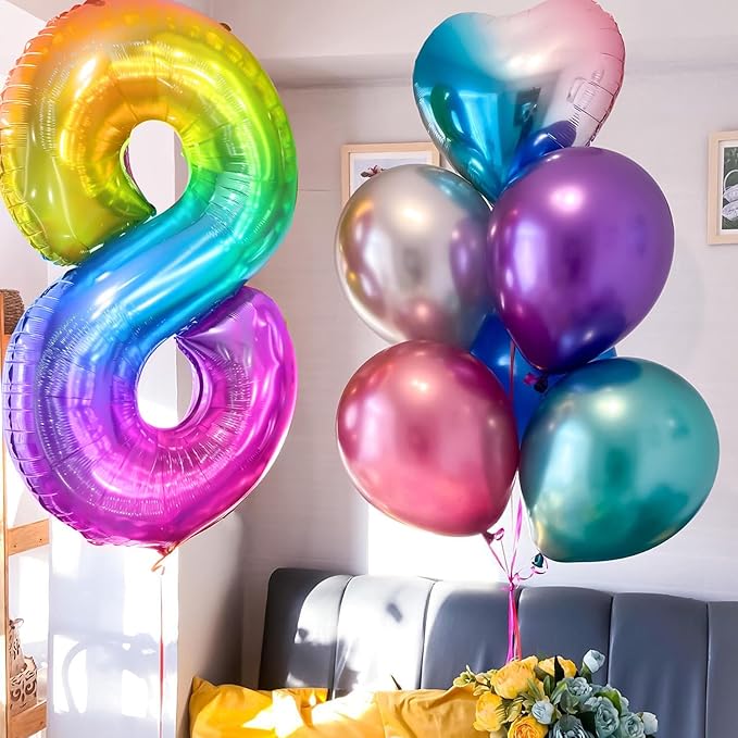 Rainbow Number 8 Balloon, 40 Inch Large Number Foil Mylar Balloons for 8th Girl Boy Birthday Party Celebration Decorations Supplies, Digital Balloons for Wedding Anniversary Events Decora