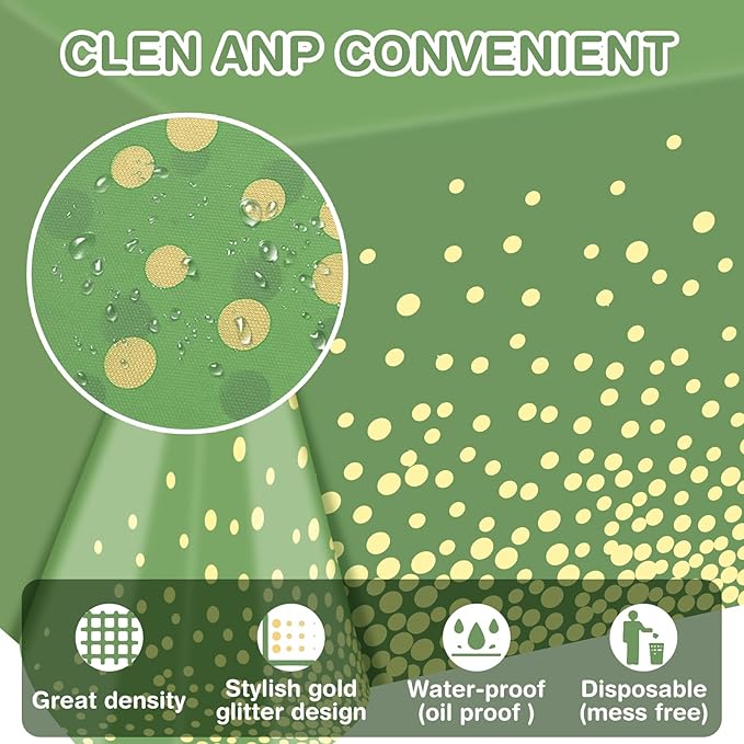 4 Pack Sage Green and Gold Plastic Tablecloth, Green Disposable Table Cloth 54"x108", Gold Dot Tablecloth for Birthday Baby Shower Graduation Party Decorations