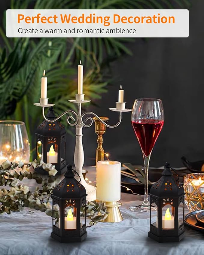 SHYMERY Mini Lantern with Flickering LED Candles,Vintage Black Decorative Hanging Candle Lanterns for Halloween,Wedding Decorations,Christmas,Table Centerpiece,Battery Included（Set of 6）