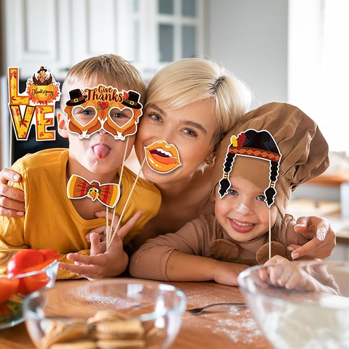 30 pcs Thanksgiving Photo Booth Props Funny Turkey Day Kits DIY Selfie Props with Stick for Fall Thanksgiving Day Party Decoration Favors
