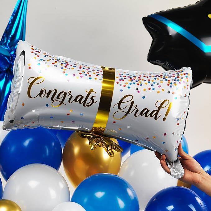 120PCS Graduation Balloon Garland Arch Kit with Graduation Cap Certificate Letter Star Mylar Foil Balloons for Class of 2026 Grad Prom Decorations Supplies (Blue Gold White)