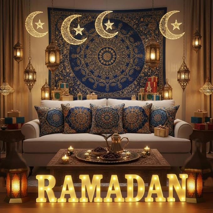 7 Pieces Large Ramadan LED Letter Lights Sign Ramadan Eid LED Marquee Lights Table Decoration for Eid Home Party Gift Tabletop Decoration
