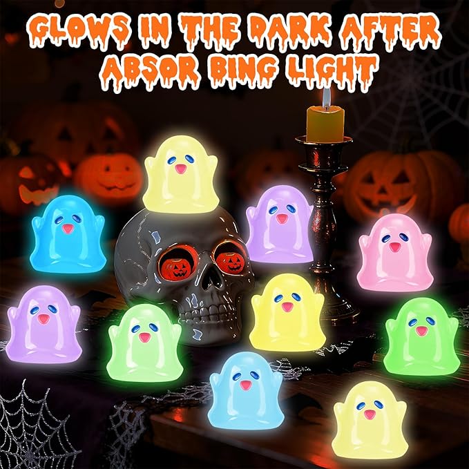 60pcs Halloween Luminous Mini Ghosts Figures 8 Colours Glow in The Dark Miniature Resin Ghost Figurines to Hide Bulk Tiny Small Statue for Halloween Party Favors Micro Garden Dollhouse Decorations
