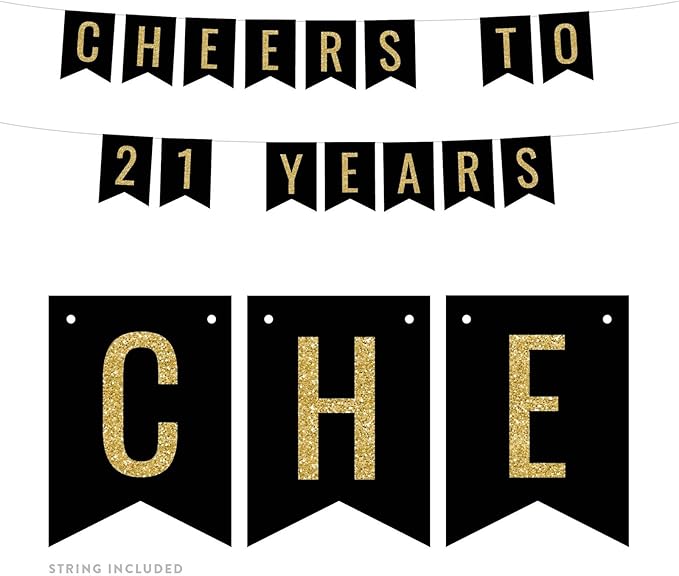 Andaz Press Faux Gold Glitter on Black Birthday Party Banner Decorations, Cheers to 21 Years, Approx 5-Feet, 1-Set, 21st Birthday Milestone Colored Hanging Pennant Decor