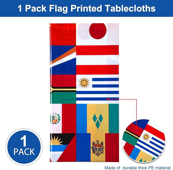 1 Pack International Flag Table Cover Patriotic Table Cloth World Country Flags Plastic Tablecloth for Festival Events Celebration Party Decorations Soccer Sports Beer Party, 108 x 54 Inch