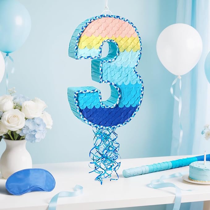 WERNNSAI Number 3 Piñata - Ombre Blue Three Piñata Birthday Party Game with Stick Blindfold for Kids Boys Girls 3rd Birthday Party Decorations（16.3" x 11.2" x 3")