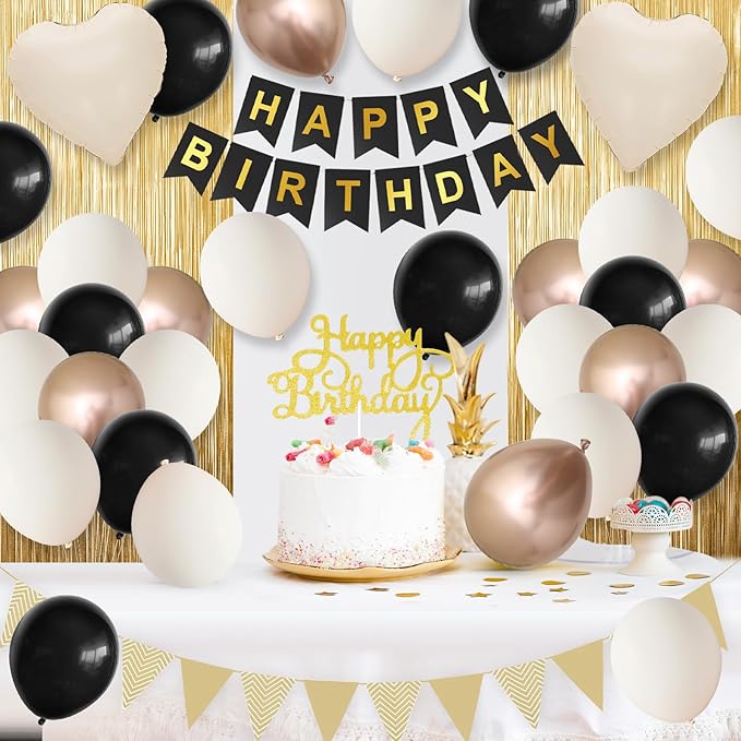 Black Gold Birthday Decorations,Party Decorations with Sand White Champagne Gold Balloon Heart Balloons Happy Birthday Banner Fringe Curtain for Women Men Boho Baby Shower Birthday Party Decor