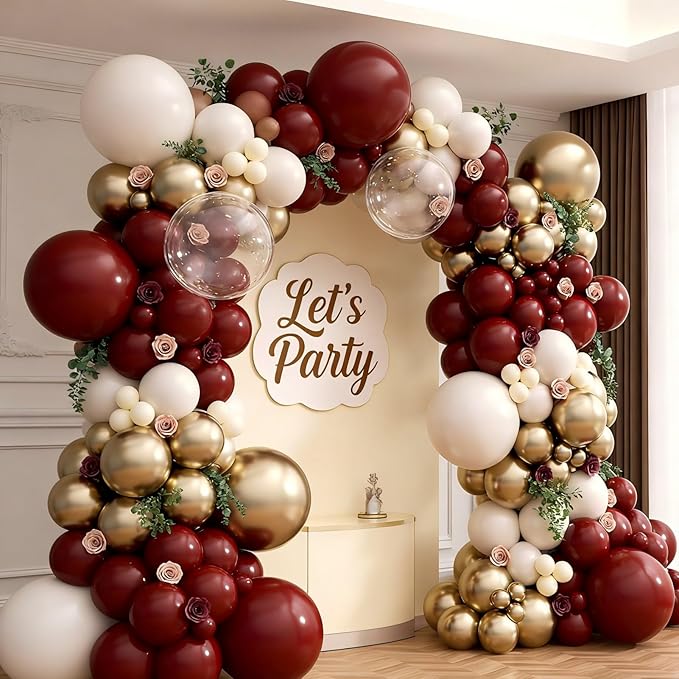 160Pcs Burgundy Balloon Garland Arch Kit with Burgundy Maroon Sand White Metallic Gold Nude Balloons for Bridal Shower Wedding Graduation Birthday Party Decorations