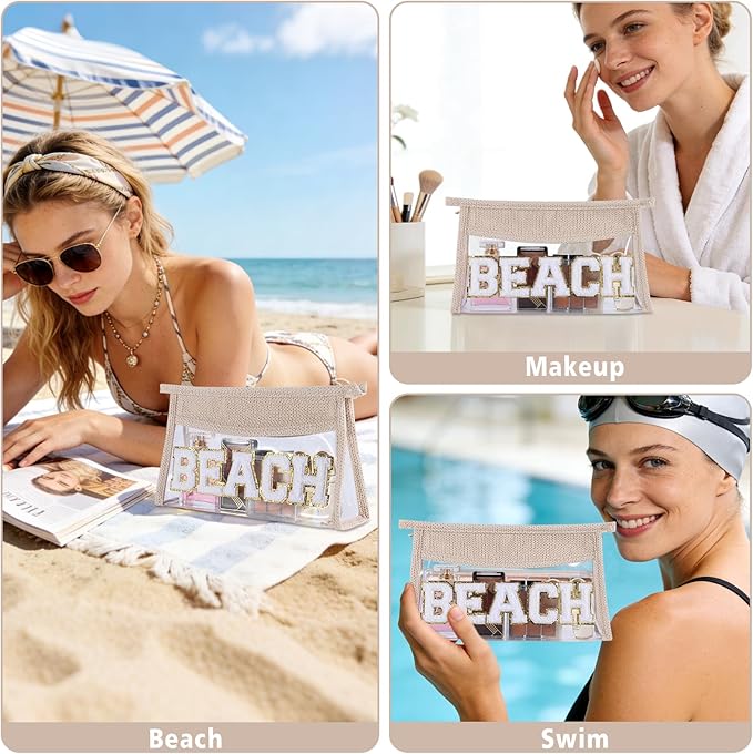 Beach Pouch Sunscreen Clear Makeup Bag Chenille Letter Beach Cosmetic Pouch Summer Essential Cute Toiletry Pouch Travel Accessories Gifts for Women