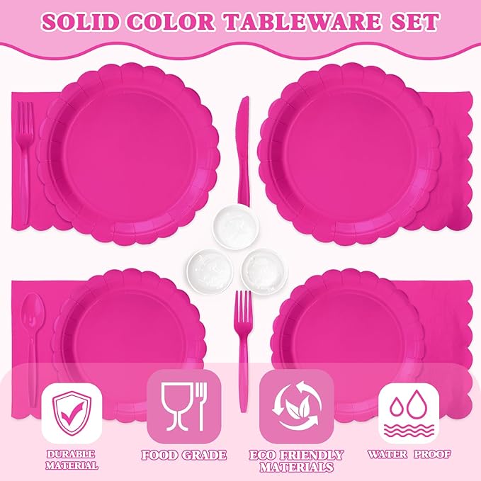 Vyntra 175 Pcs Hot Pink Disposable Paper Plates and Napkins Set for 25, 9" Dinner Plates & 7" Dessert Plates, Tableware for Birthday, Bachelorette, Party