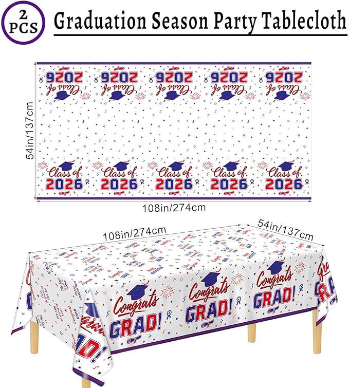 Oigco 2026 Graduation Decorations, 2 Pack Red and Blue Graduation Tablecloths Class of 2026, Congrats Grad Plastic Rectangle Table Cloths for Graduation Party Decorations, 54 x 108 Inch