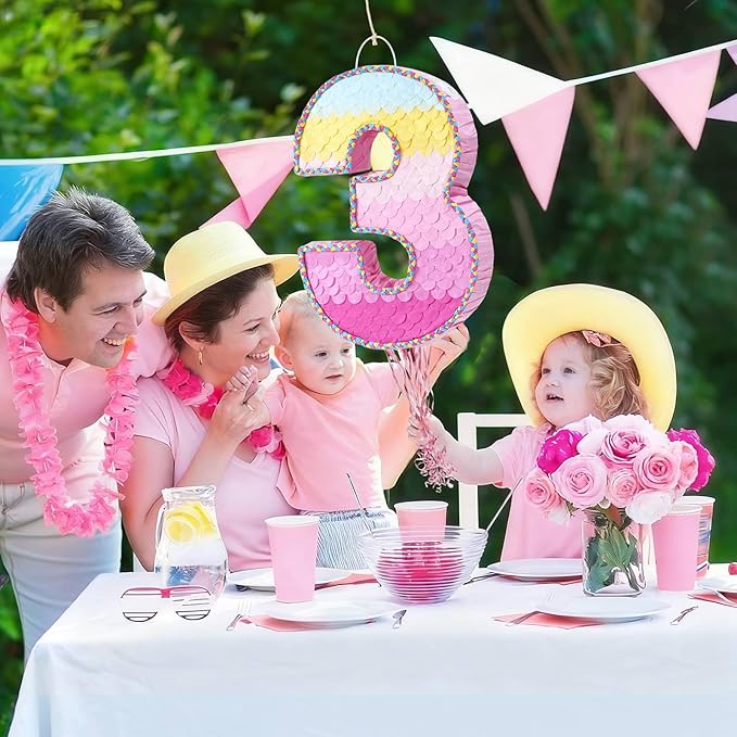 WERNNSAI Pink Sweet Three Piñata - Number 3 Piñata Happy Birthday Decoration Pink Rainbow Design Party Games for Girl Princess Baby Shower Party Favor with Blindfold Anniversary Celebration Supplies