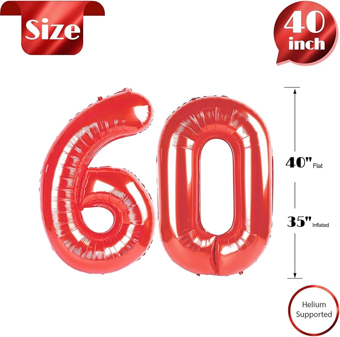 60 Balloon Number, Red Number 60th Birthday Balloons 40 Inch, 60 Years Old Red Birthday Decorations for Men Women, 60th Anniversary Decorations