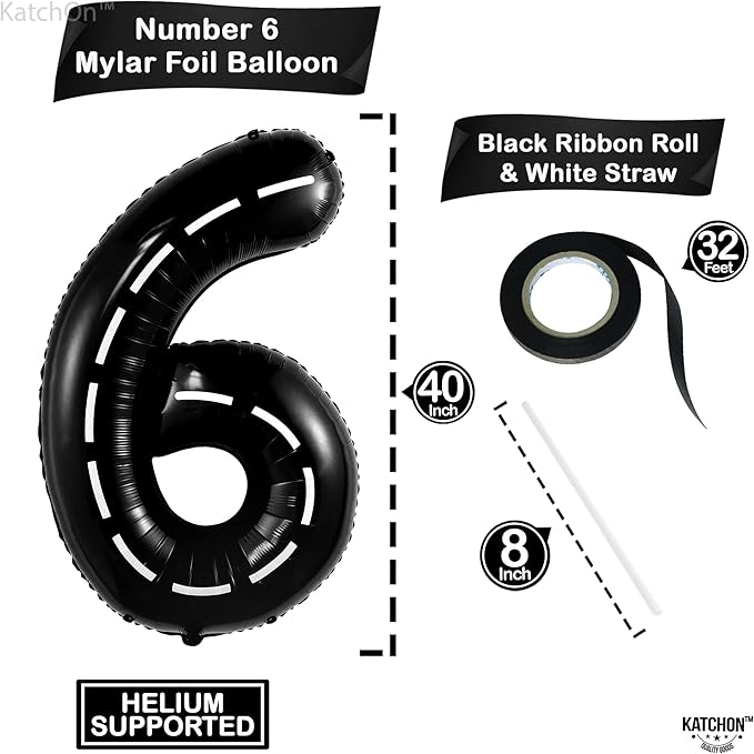 KatchOn, Giant Black Number 6 Balloon - 40 Inch | Hot Wheels 6th Birthday Balloon, 6th Road Birthdays Decorations | Hot Wheels Balloons for Hot Wheels 6th Birthday Decorations | 6 Number Balloons