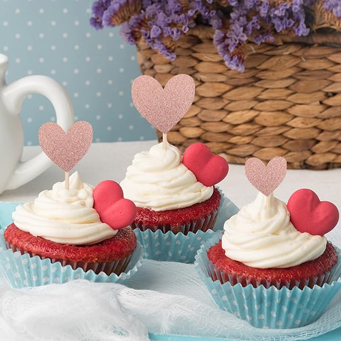 30 PCS Love Heart Cupcake Toppers Glitter Mixed Size Wedding Engagement Cupcake Picks Decorations for Wedding Anniversary Bridal Shower Birthday Valentine's Day Party Supplies Rose Gold