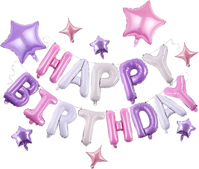 Birthday Banner, 3D Mylar Foil Happy Birthday Balloons, 26pcs Birthday Party Decorations with 8pcs Star Balloons for Kids Girls Women Adults Ecofriendly Party Supplies, Pantone