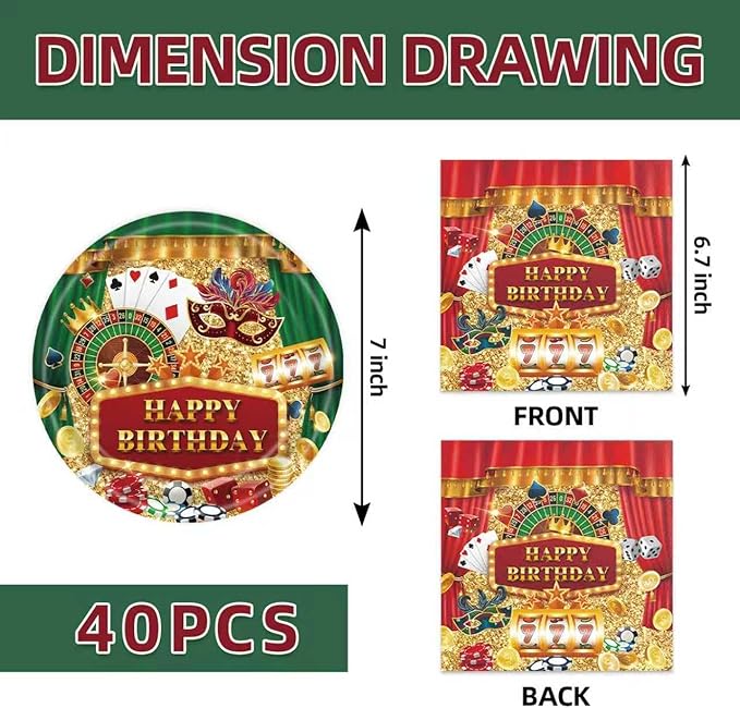 40Pcs Casino Birthday Party Decorations Las Vegas Disposable Tableware Casino Themed Plates and Napkins for 20 Guests Poker Card Birthday Party Decorations