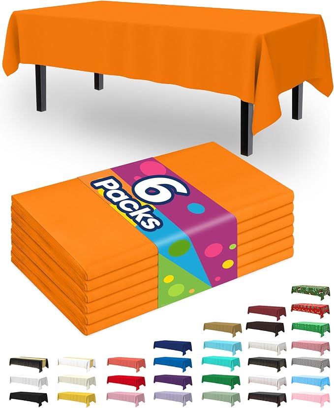 Pureegg Plastic Table Cloth Disposable 6 Pack, 54 x 108 Inch Table Cloths, Halloween Party, Thanksgiving Decorations, Harvest, Fall Tablecloths, Rectangle Tables, Waterproof, Orange