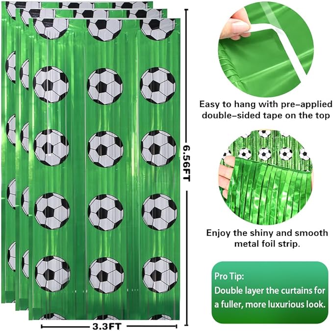 Soccer Birthday Party Decorations - Green White Tinsel Streamers Backdrop Banner | Soccer Theme Party Favors Supplies Indoor Outdoor - Wrold Game 2026 Birthday Accessories Decor for Wall Door