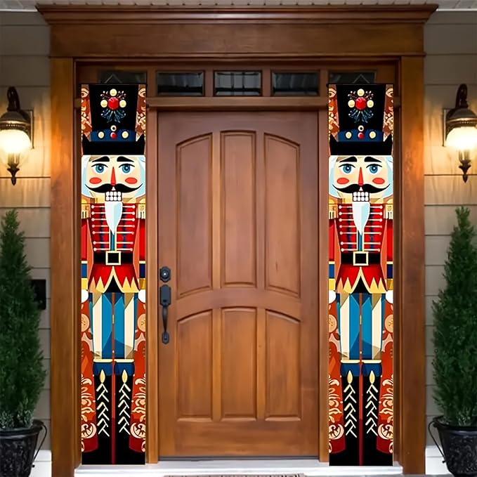 Christmas Door Banner Set 12x71 Inch Nutcracker Soldier Vertical Porch Hanging Sign Indoor Outdoor Polyester Holiday Entryway Decoration Seasonal Photo Backdrop