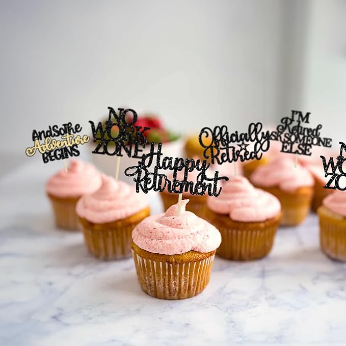 Gyufise 30Pcs Happy Retirement Cupcake Toppers Officially Retired No Work Zone Adventure Begins Cupcake Picks for Retirement Theme Farewell Birthday Party Cake Decorations Supplies Black