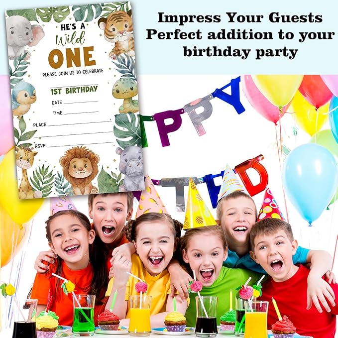 Jungle Animals Birthday Invitation Cards For Girls Boys kids, He's a Wild One Birthday Party Supplies Favors, 20 Fill-In Invitation Cards with Envelopes -05
