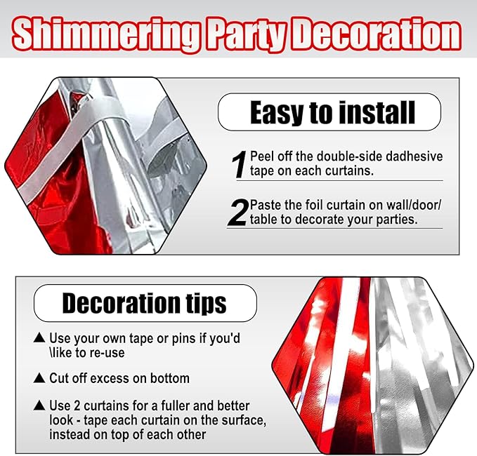3 Pack Red Silver Foil Fringe Curtain Backdrop, 3.28Ft x 8.2Ft Metallic Tinsel Foil Fringe Streamer Curtains for Photo Booth, Teachers' Day, Halloween, Birthday, Wedding Party Decorations